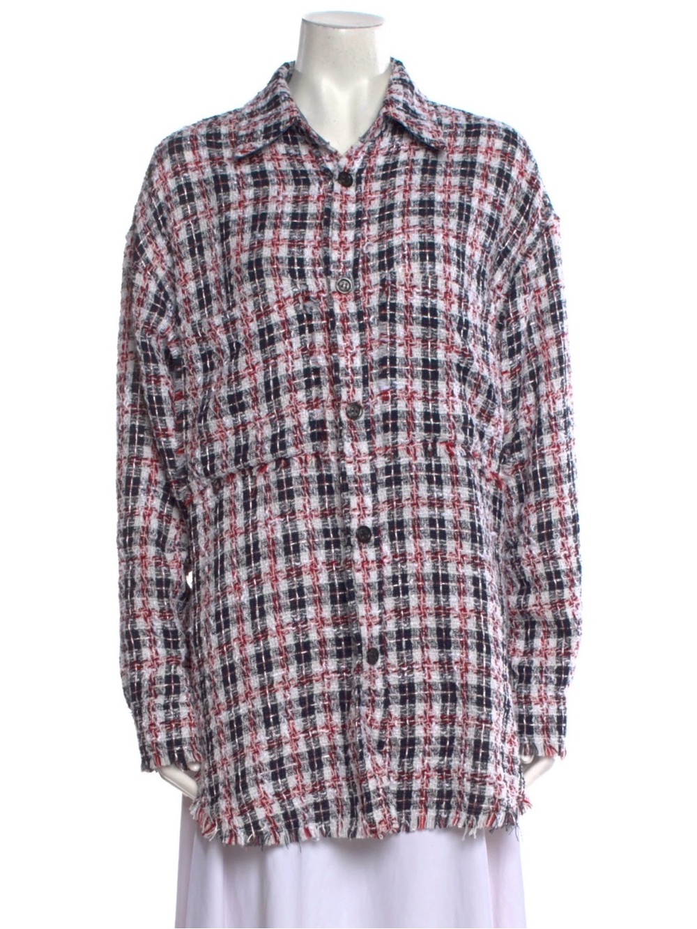 FAITH CONNEXION Navy Red Check Metallic Tweed Oversized Over Shirt Jacket M / L